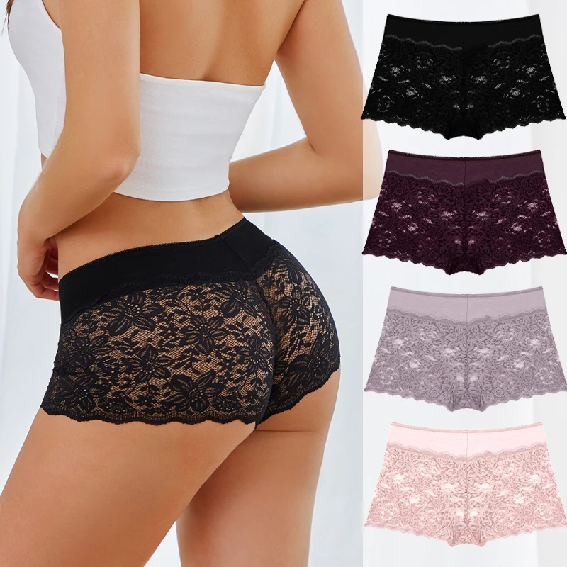 1PCS Floral Lace Panties Low Rise Sexy Lingerie Female Breathable Underwear Solid Color Boyshort Transparent Underpants Elastic