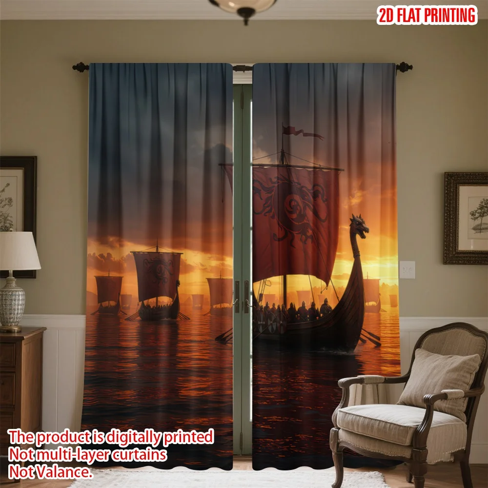 

2D flat printing 2pcs Window Curtains Viking Ships at Sunset Digital Printed Polyester Drapes Holiday Decorations Use for