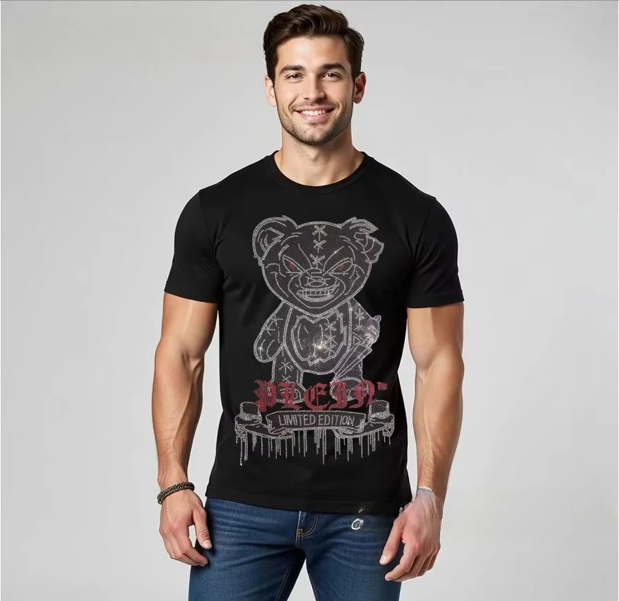 2026 Coole Luxus-Kristall-Strass-Herren-T-Shirts aus reiner Baumwolle mit O-Ausschnitt, kurzen Ärmeln, Sommer-Street-Style, weich und bequem – Detail 7