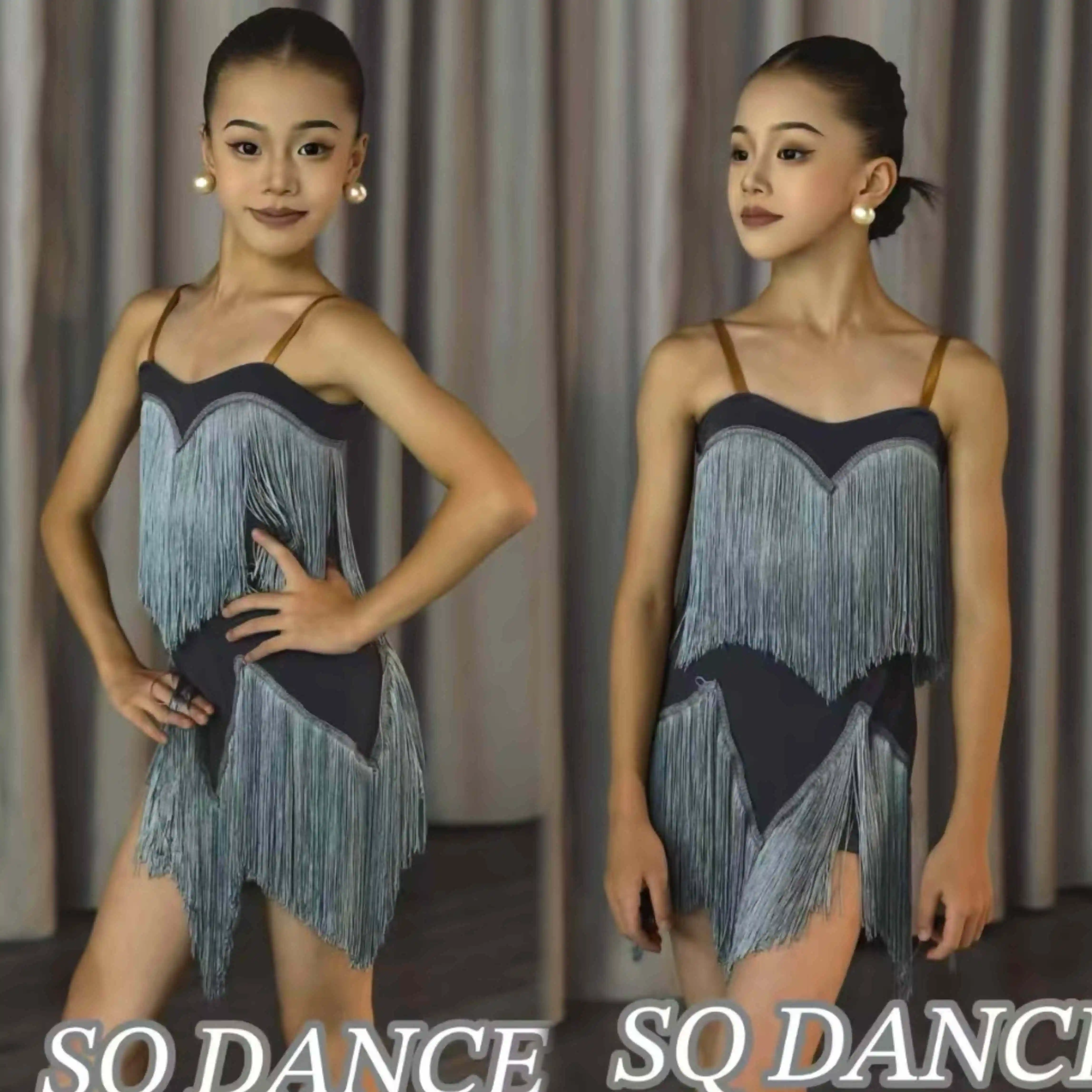 เด็กชุดเต้นรำละตินสาวสีเทาพู่ชุดแข่งขันเสื้อผ้าช่าช่าแซมบ้าเต้นรำเครื่องแต่งกาย DNV24507