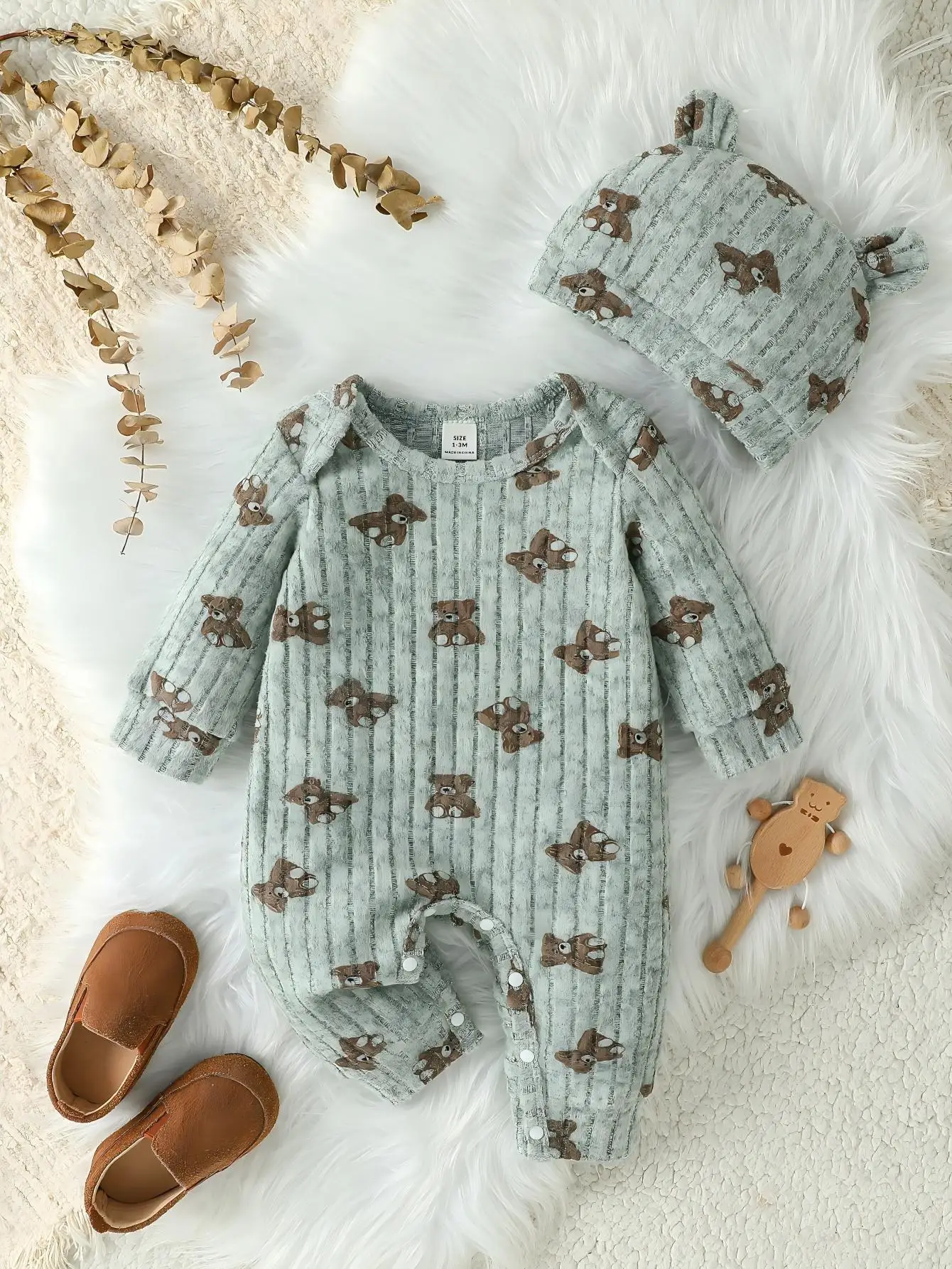 Newborn Baby 2Pcs Outfit, Bear Striped Print Long Sleeve Romper with Hat Infant Knit Jumpsuit Set
