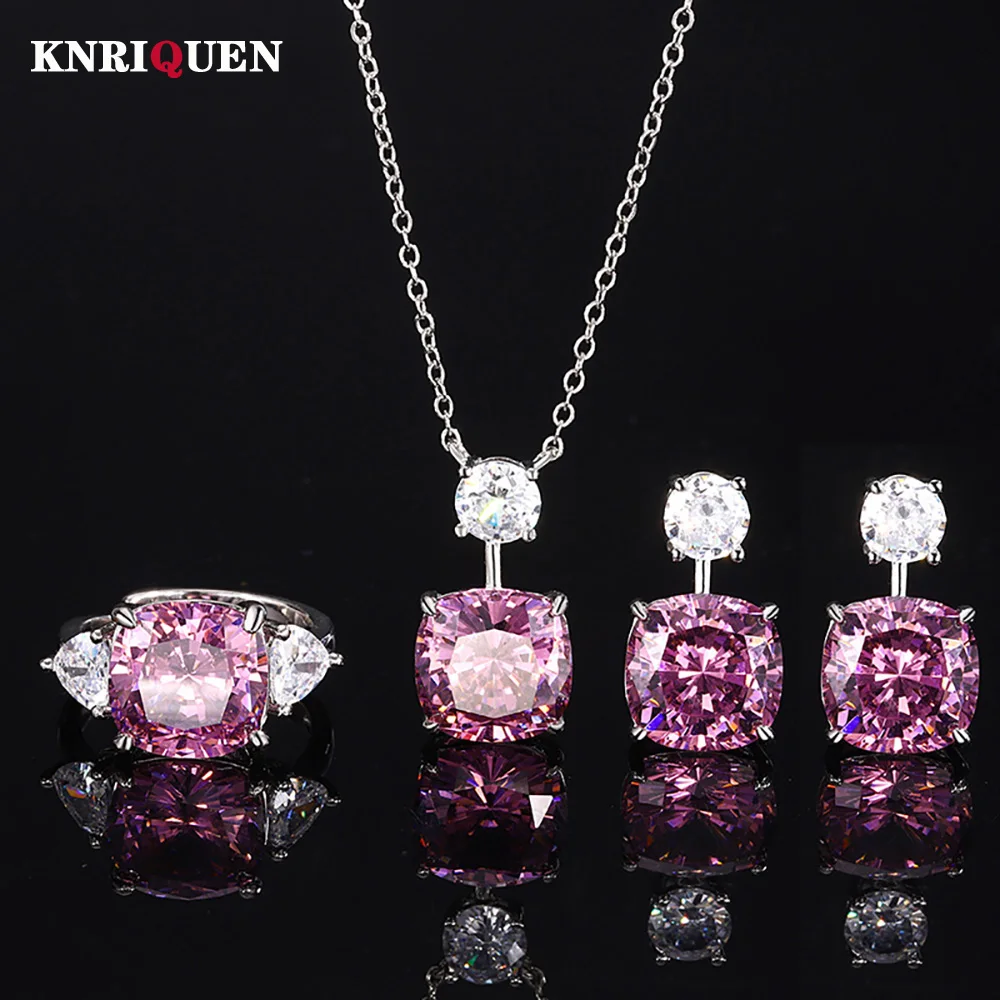 

Retro 12*12mm Lab Pink Quartz Gemstone Necklace Pendant Ring Earrings Cocktail Party Fine Jewelry Set for Women Accessories Gift