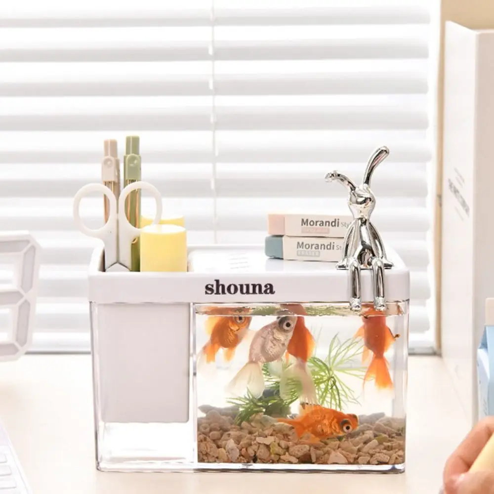 Tanque ecológico anfibio para peces pequeños, pecera de plástico transparente, pecera dorada con cubierta, pecera de mesa de paisaje para el hogar