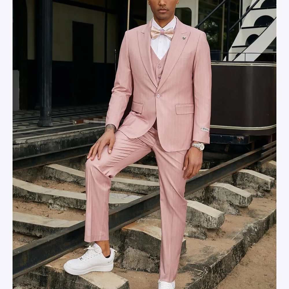 

Pink Striped Men's Suits Peak Lapel One Button Elegant Man Suit Wedding Groom Evening Party Casual Sets 3 Piece Customized