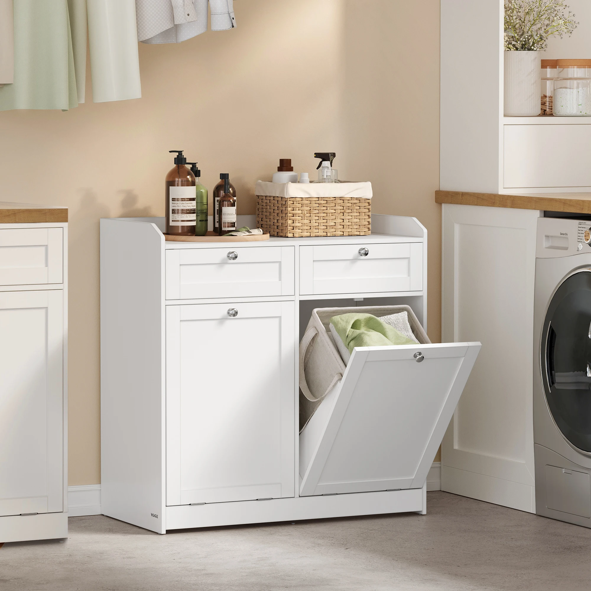 VASAGLE Bathroom Cabinet with Laundry Baskets, Bathroom Storage Unit with 2 Drawer and 2 Laundry Hampers, 40 x 40 x 80.2 cm