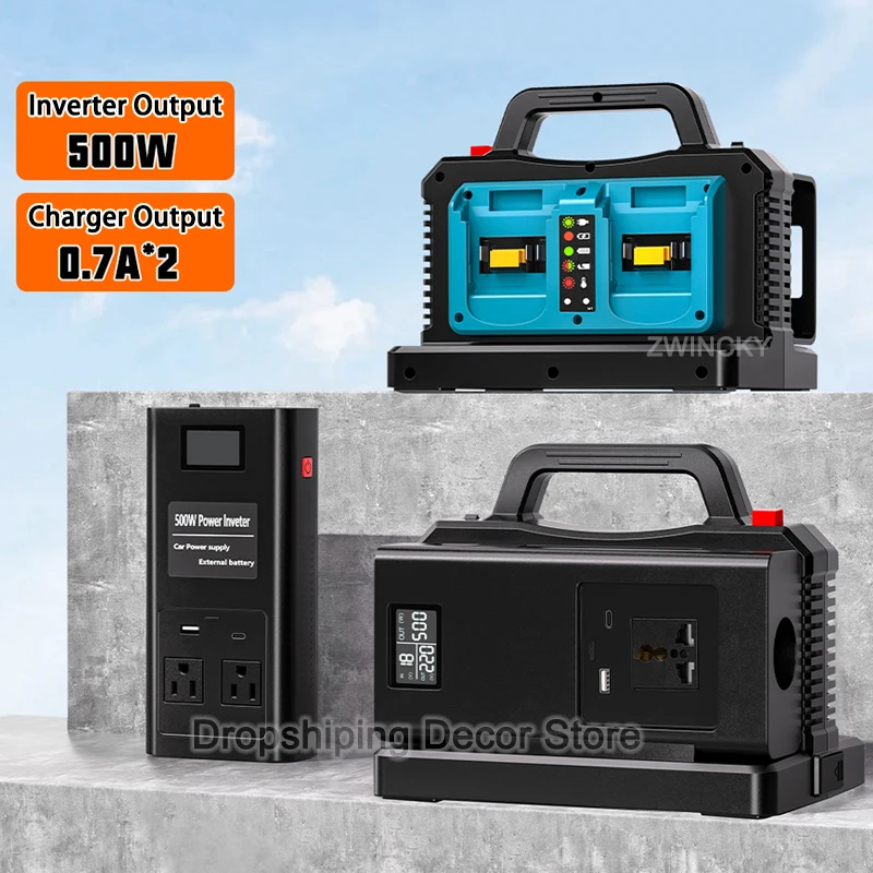 500W Wave Power Inverter with USB Type-C Cigarette Lighter Port Dual Battery Charger for Makita/Dewal/Milwaukee/Bosch/Ryobi