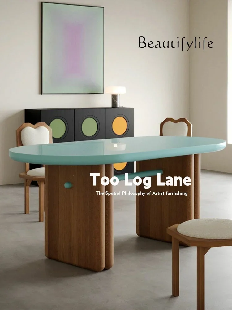 

B Medieval Oval Solid Wood Color Matching Designer Home Bed And Breakfast Cafe Small Fresh Dining Table