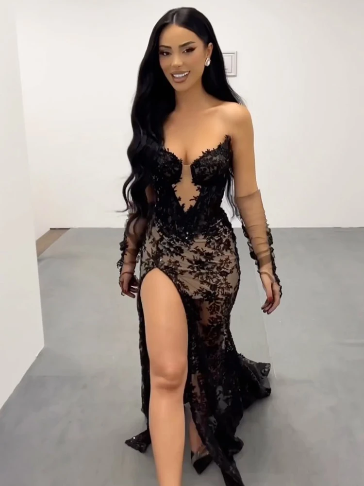 Strapless V Neck High Slit   Black Lace Mermaid Long Dress Prom Party Evening Gown with Gloves