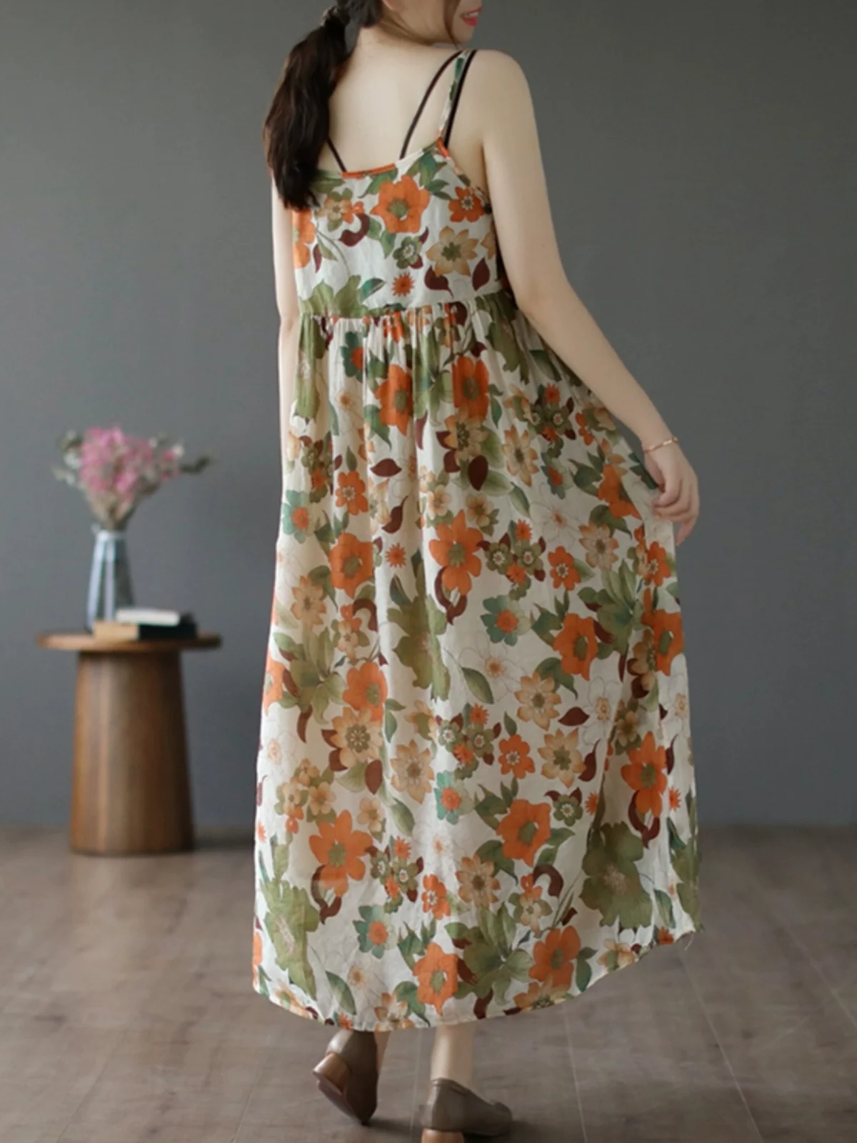 High-End Japanese Brand Women's Cotton Linen Floral Dr Loose Slimming Linen Strap Vest Long Dr Floral Print Commute Sle