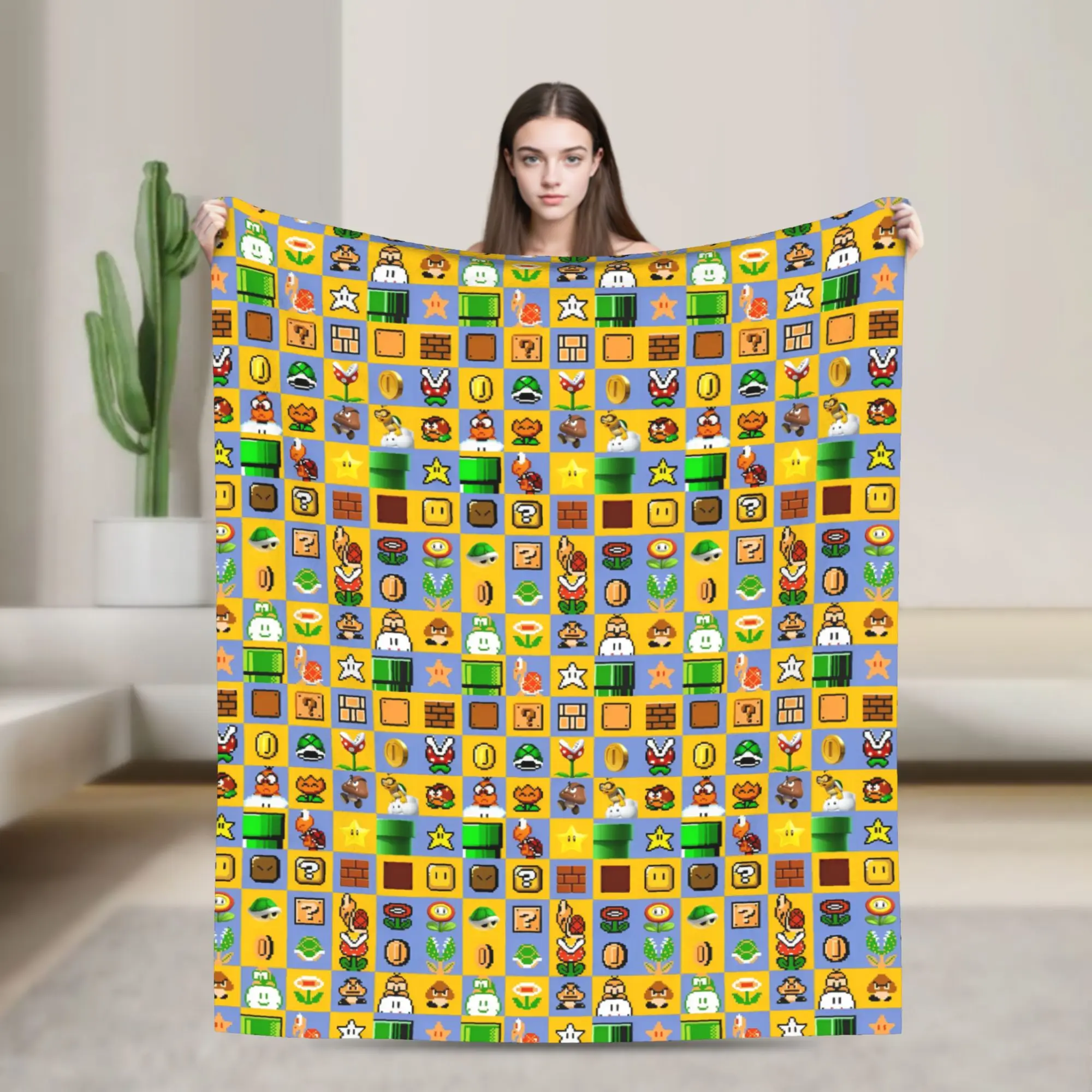 M-M-ar-ios  Game Cartoon Flannel Blankets  Funny Throw Blanket for Home Hotel Sofa  125*100cm Plush Thin Quilt