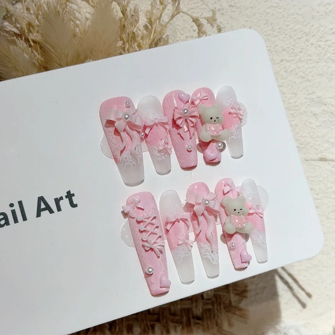 

10 шт. милых 3D-накладных ногтей ручной работы с рисунком медвежонка, розовым бантом и кружевом, накладные ногти для принцесс, долговечный дизайн для маникюра