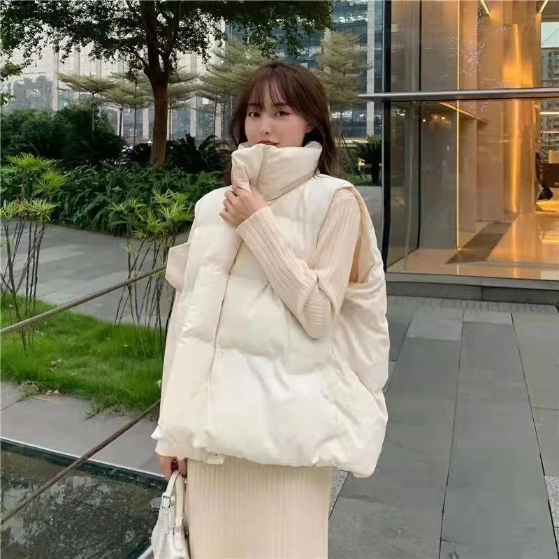 Solid Women Parka Vest Stand Collar Zipper Spliced Jackets Vests Sleeveless Coats Casual Loose Pockets Streetwear Autumn 2026