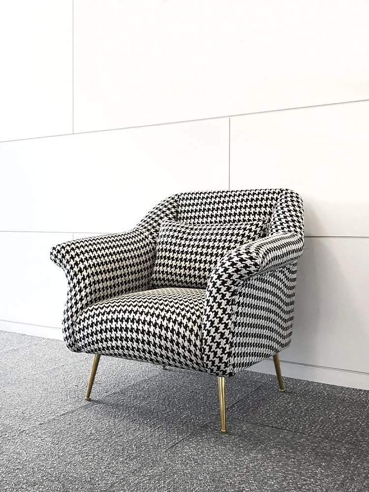 Nordic light luxury sofa chair fabric thousand bird grid leisure sofa chair Nordic single chair living room sofa chai