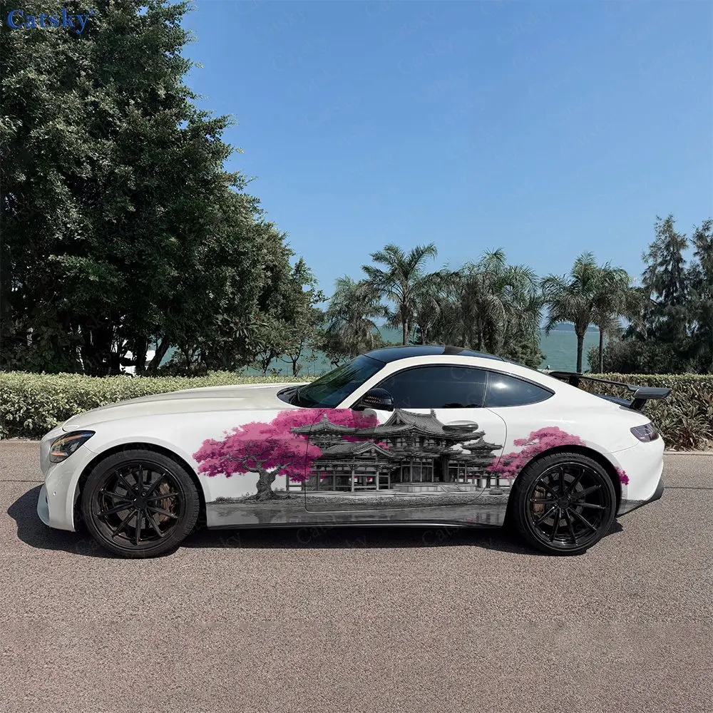 2pcs Sakura Falling Ancient Temple Car Side Wraps, Self-Adhesive PVC Waterproof & Scratch-Resistant Stickers, Car Accessory Gift