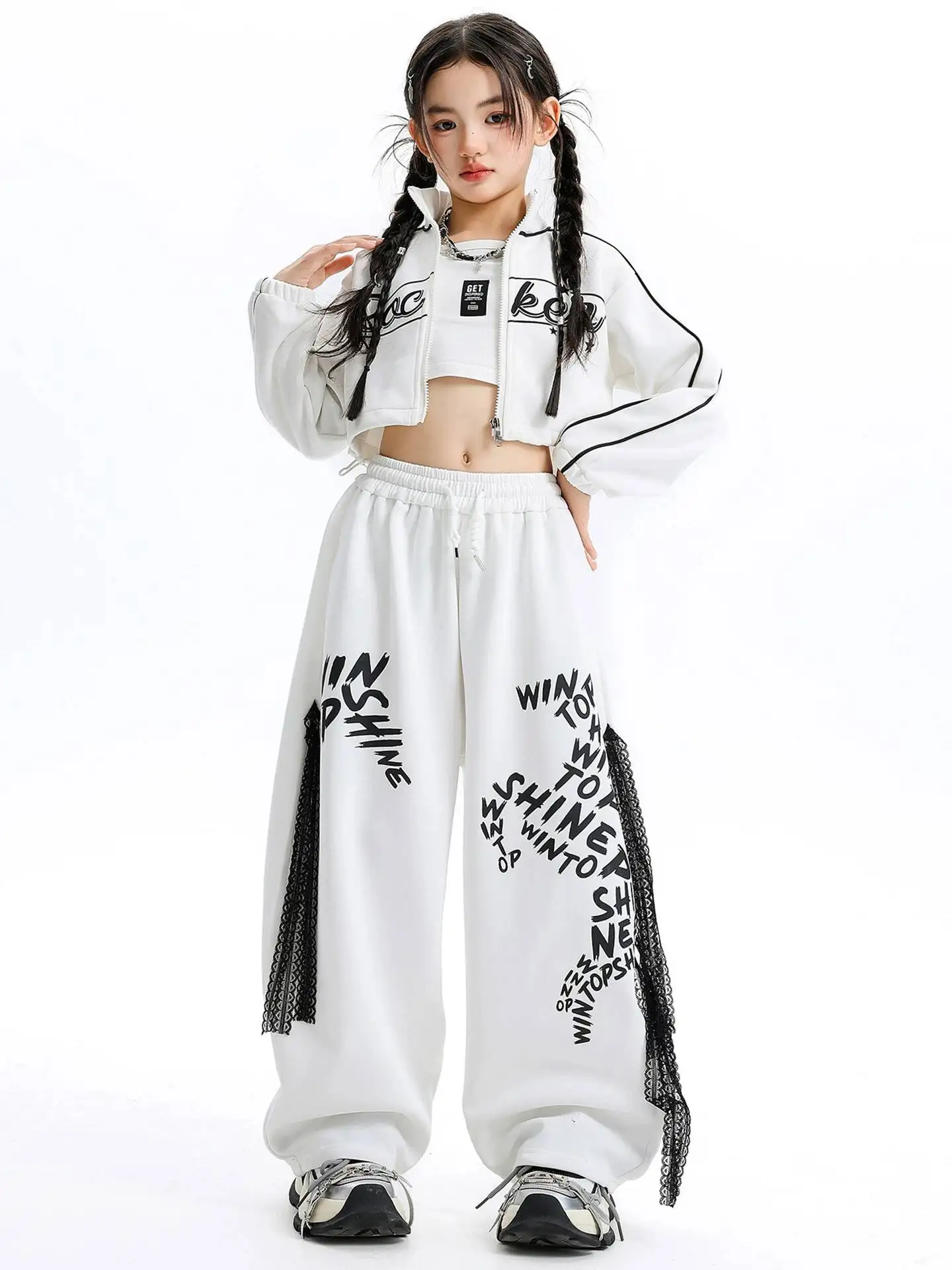 White Hip Hop Outfit Letter Print Crop Tank Zip Up Short Jacket Fringe Wide Leg Pants Jazz Stage Costume Kpop Dance Streetwea view 5