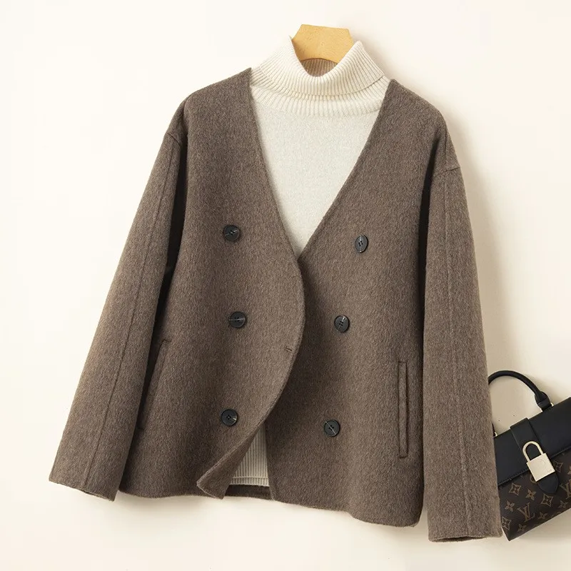 Spring and Autumn new V-neck double-breasted double-sided wool coat for women short loose coat cappotti womans winter coats