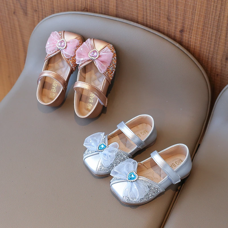 Spring Autumn Children Leather Shoes Girls Bling Princess Mary Janes Shoe Butterfly Knot Rhinestone Performance Shoes