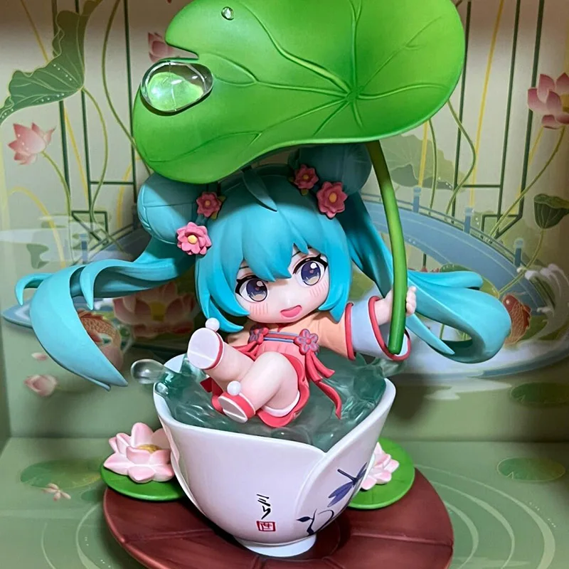 Bandai Hatsune Miku Lotus Pond Play Q Version Kawaii Mini Action Figure Model Doll Toys Child Birthday Gift Collectible Ornament