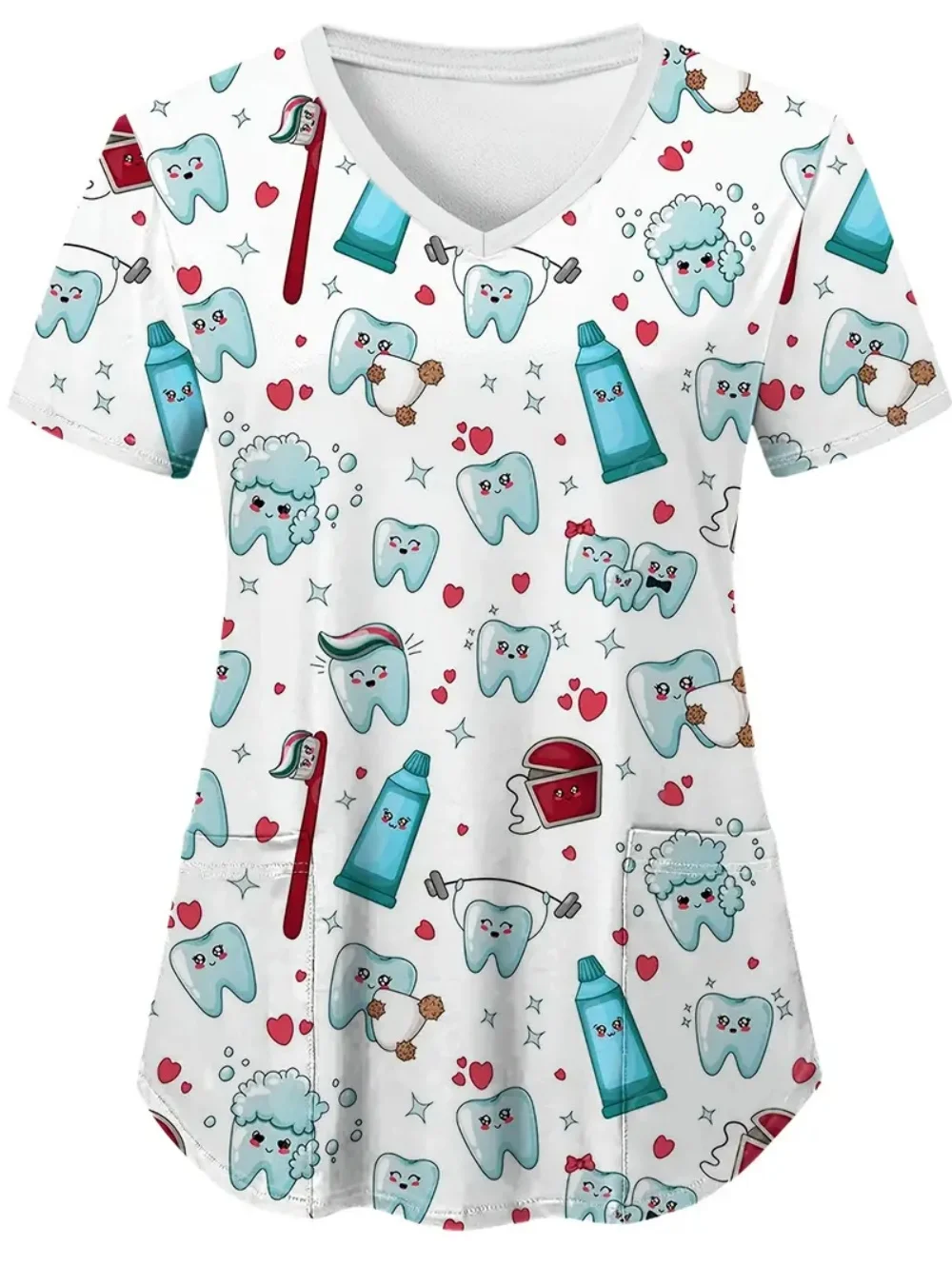 Uniforme clínico mulher com dentes de amor imprimir roupas médicas verão com decote em v casual azul moda manga curta esfrega mulher topos
