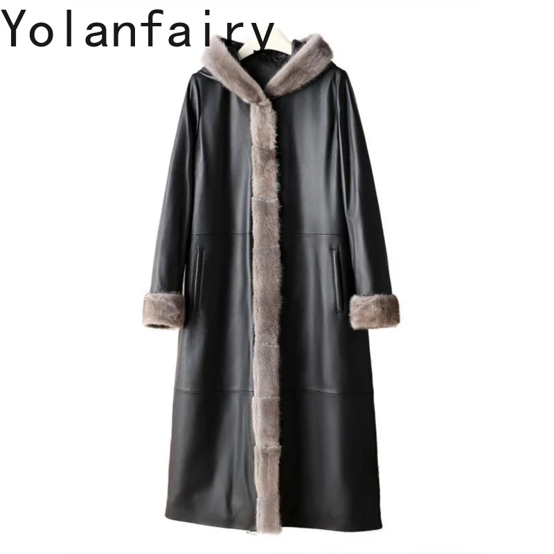 YOLANFAIRY 100% سترة جلدية أصلية للنساء 2025 معاطف شتوية طويلة بقلنسوة من جلد الغنم الحقيقي للنساء بياقة من فرو المنك #1