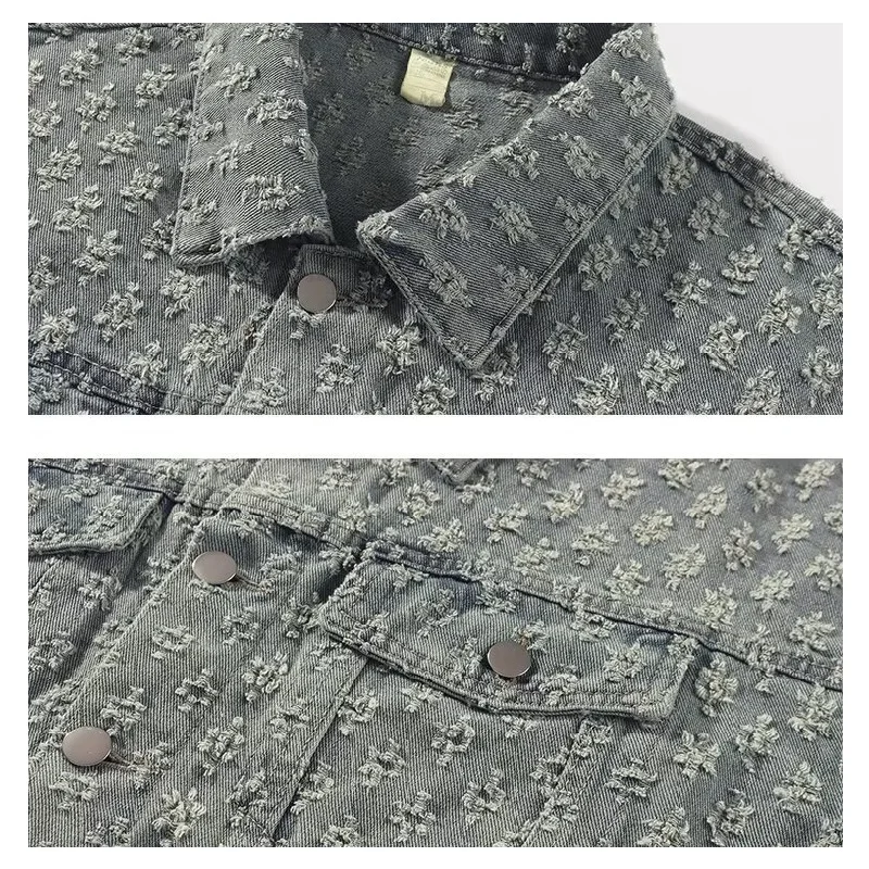 American Spring Autumn Jacquard Pattern Mens Denim Jackets Loosen Fit Vintage Jeans Coats Male Casual Lapel Shirt Wide-Leg Pants