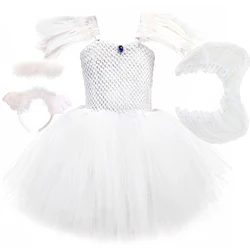 White Black Fallen Angel Halloween Costume for Girls Kids Maleficent Tutu Dress with Wings V-neck Feathers Carnival Party Outfit