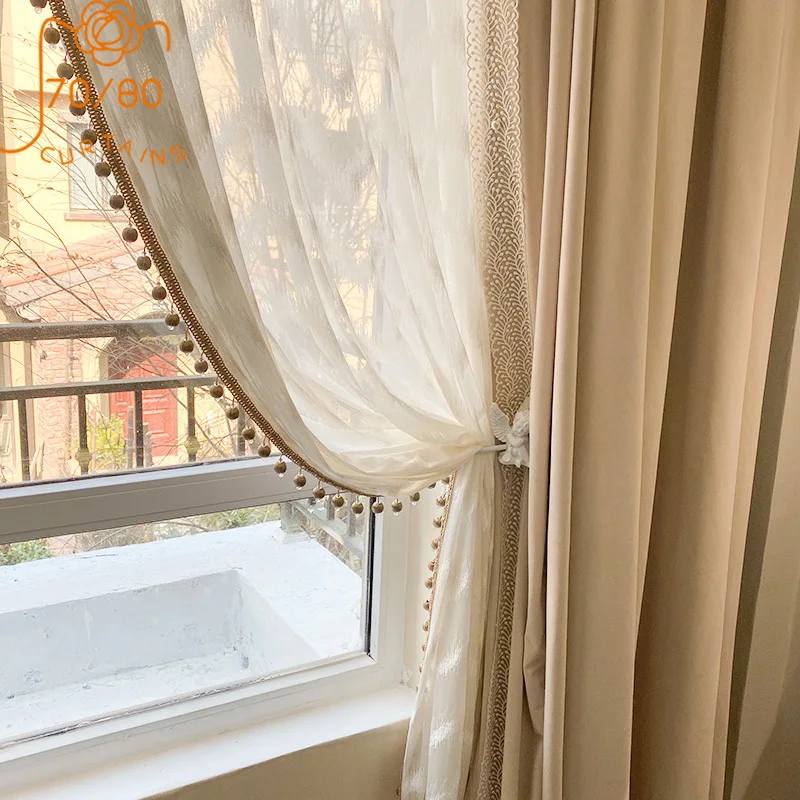 

French Light Luxury Milk Tea Color Blackout Velvet Curtains for Living Room Bedroom Dining Room Partition Curtain Lace Screen