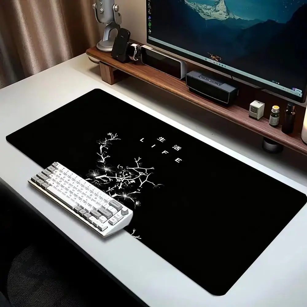 Minimalist Ink Bamboo Pine Print Large Gaming Mousepad Non-slip Rubber Base Stitched Edge Office Desktop Workstation Necessity
