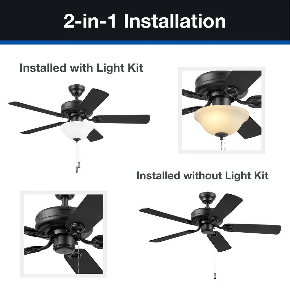 O fã de teto interno preto com luz, puxa correntes, fluxo de ar reverso, agregado familiar, 5 lâminas, 44"