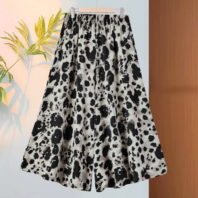 New Summer Pants Women Causal High Waist Ice Silk Print Wide Leg Pants Middle Aged Elderly Mother Loose Cotton Silk Trousers