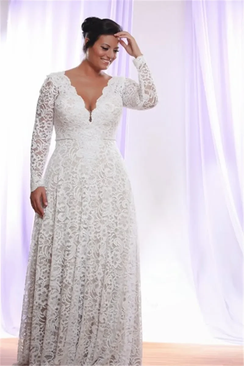 Cheap Custom Plus Size Full Lace Wedding Dresses With Removable Long Sleeves V Neck Floor Length Bridal Gowns