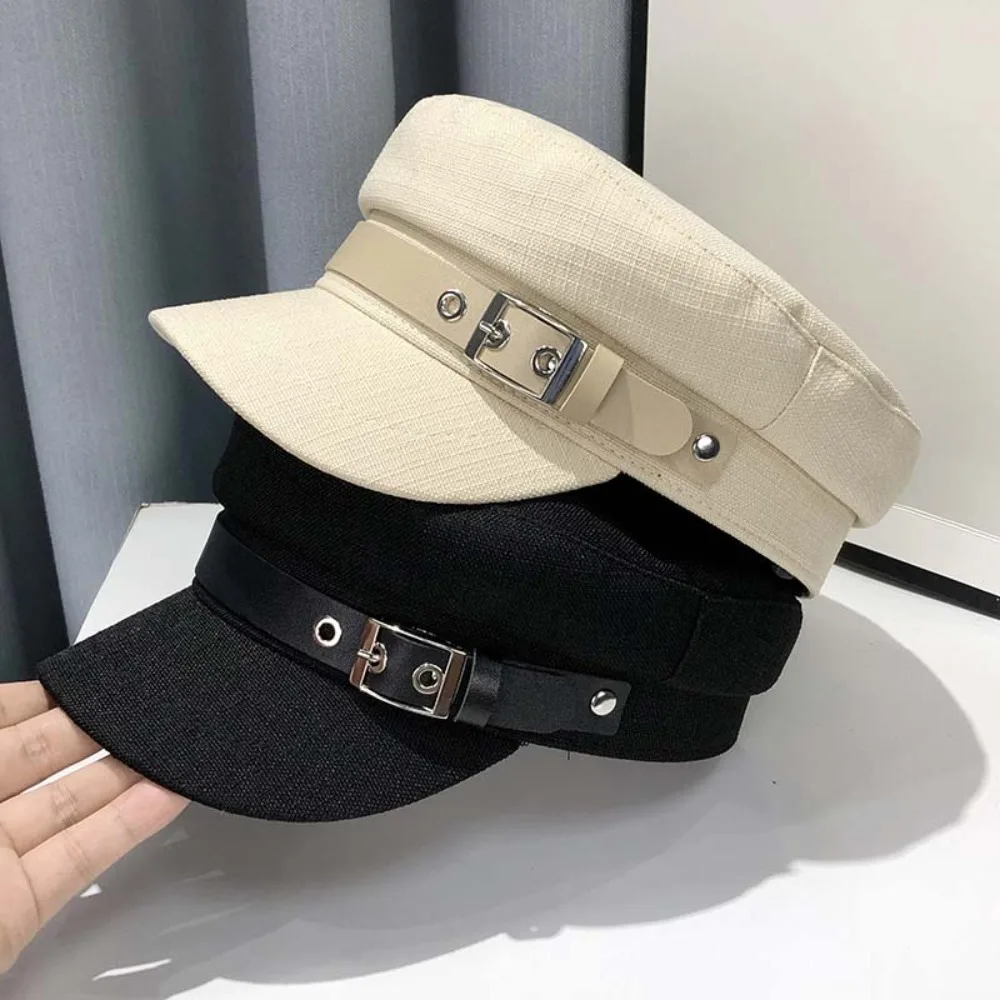 PU Leather Belt Buckle Beret Cap Polyester British style Retro Octagonal Hat Big Head Circumference Adjustable