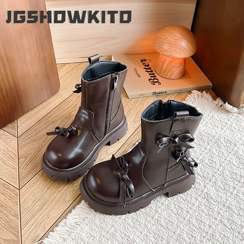 JGSHOWKITO Girls Bow Ankle Boots Spring Autumn Children's Fashion Platform Boots Princess Catwalk Non-slip Kids Leather Boots