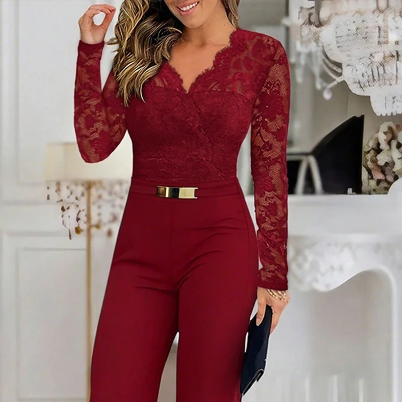 

Sexy V-neck High Waist Commuting Jumpsuit Lace Embroidery Patchwork Long Sleeved Playsuit Casual Solid Color Women Party Romper