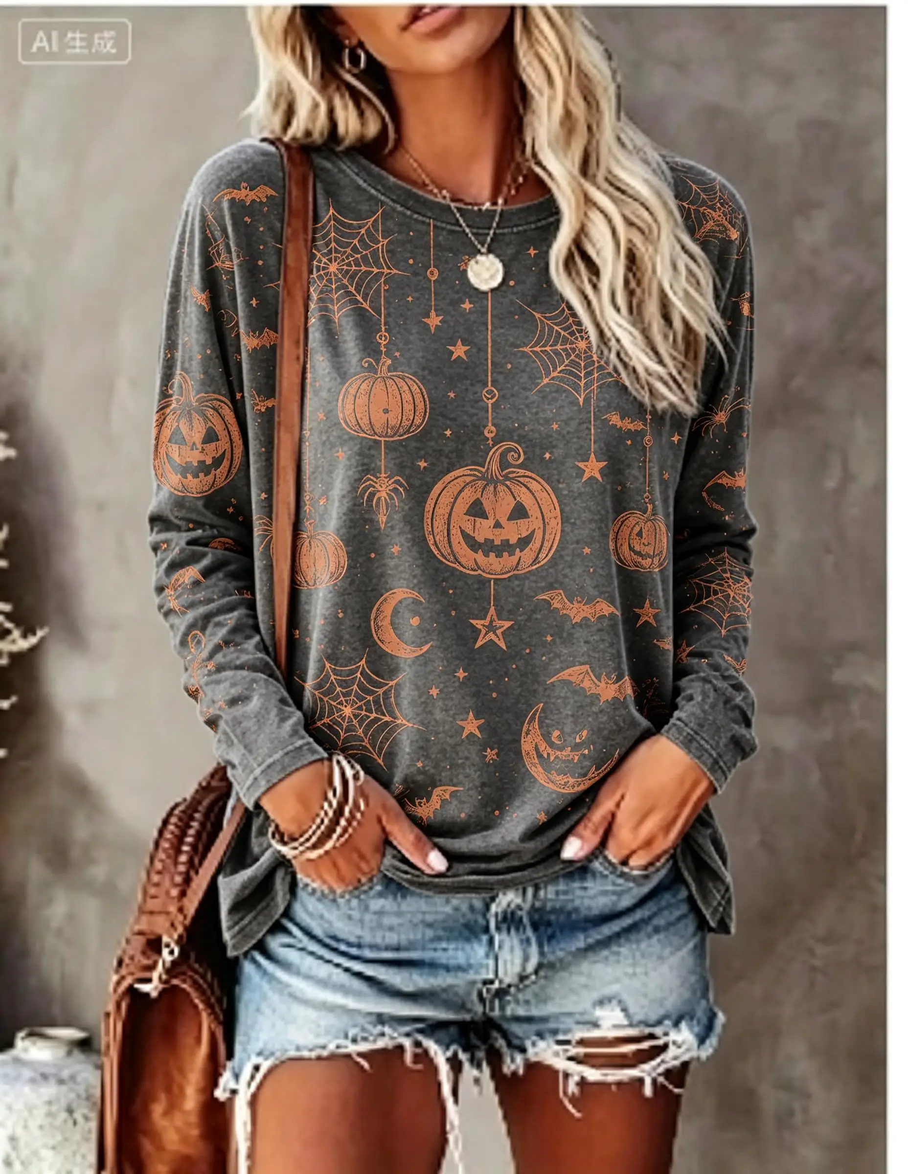 Women Halloween Long Sleeve T‑Shirt Pumpkin Moon Star Bat Spider Web Distressed All‑Over Print Crew Neck Tops image 3