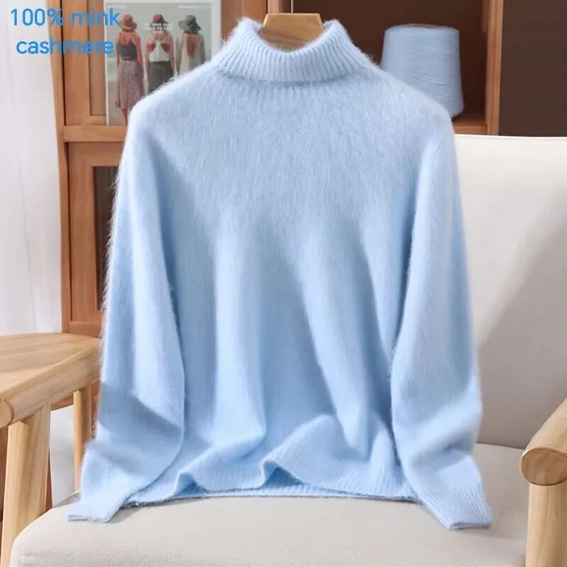 

Autumn Winter Thick Wool Sweater High Collar Women's Sweater 100% Mink Fleece Warm Hooded Loose Knitted Sweater Korean Edition