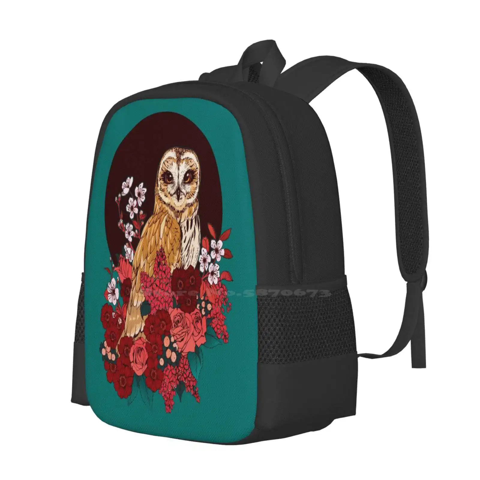 Owl Floral Hot Sale Backpack Fashion Bags Flowers Blossoms Plum Roses Short Eared Owl Teal Gold Pink Lupins Night Moon Inked