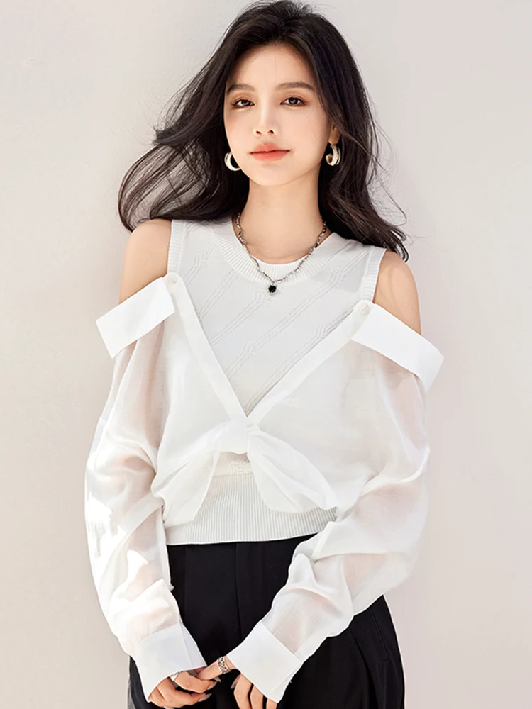 Hollow Out Shoulder White Shirts Women Long Sleeve O-Neck Single-Breasted Buttons Blouse Knitted Patchwork Shirts Casual Tops