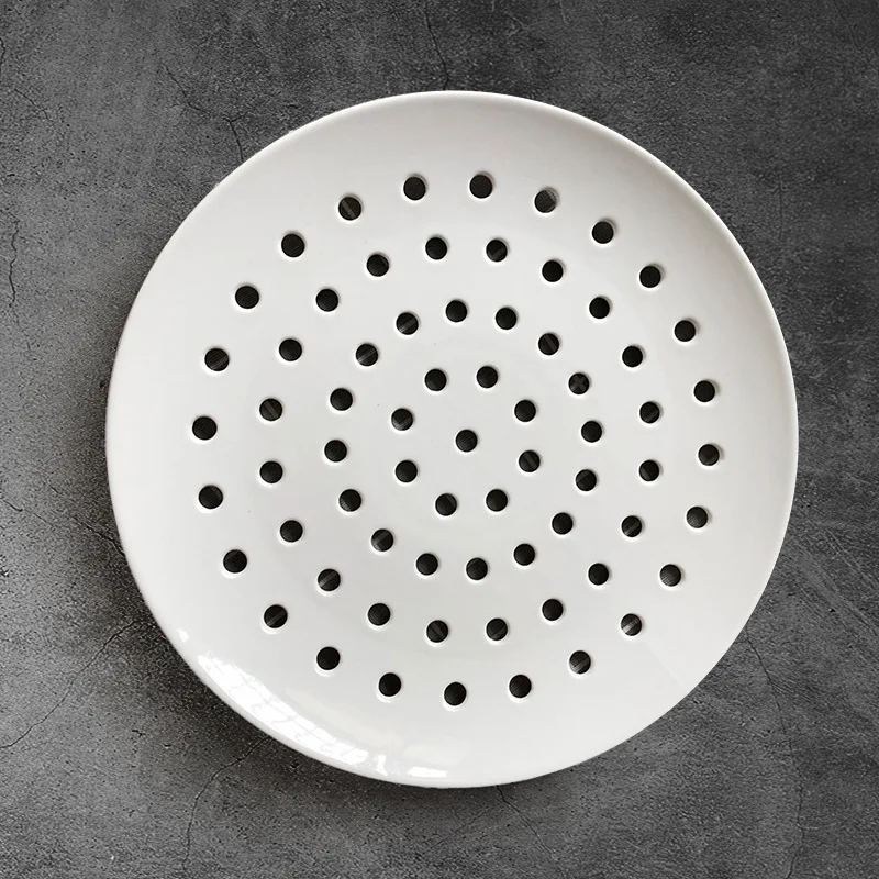 Ceramic Perforated Steamer Plate for Seafood Dumplings Fish Buns Creative Commercial Use Round Drain Dish