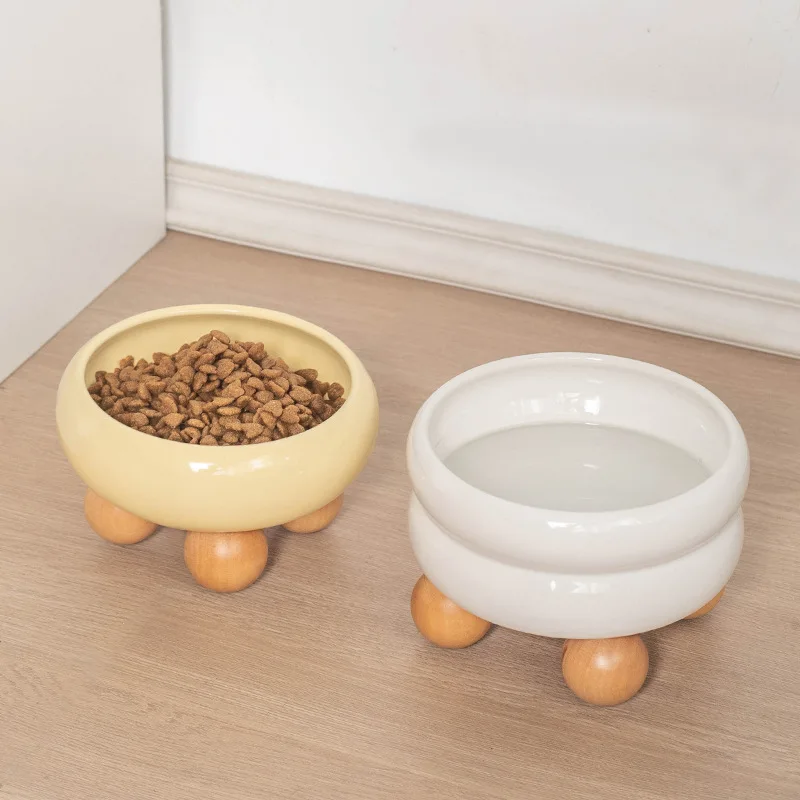 Cat Bowl with Wooden Base Round Ceramic for Cervical Protection High Foot Cat Food Bowl Cat Food Bowl Large Capacity