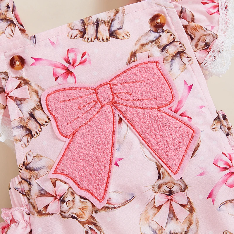 Ropa de verano para niña recién nacida, pelele con volantes y adorno de encaje con estampado de conejito bordado con lazo y diadema, traje de Pascua