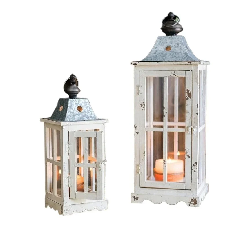 

Solid wood candlesticks, large glass wind lamp decoration, grocery garden courtyard nostalgic classic lanterns