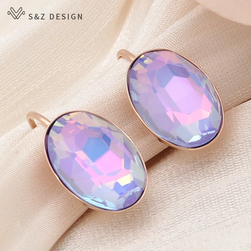 S&Z DESIGN New Fashion 585 Rose Gold Color Egg Shape Crystal Dangle Earrings For Women Wedding Elegant Jewelry Trendy Eardrop