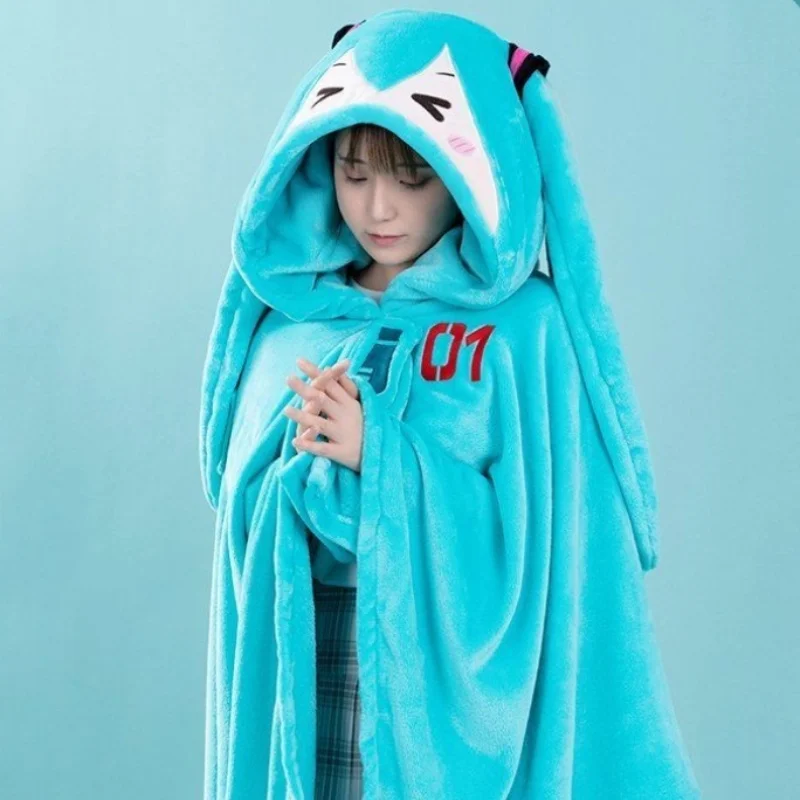 New Anime Hatsune Miku Pajamas Napping Blanket Flannel Cloak Pajamas Cape Flannel Blue Air Conditioning Blanket Gift For Girl