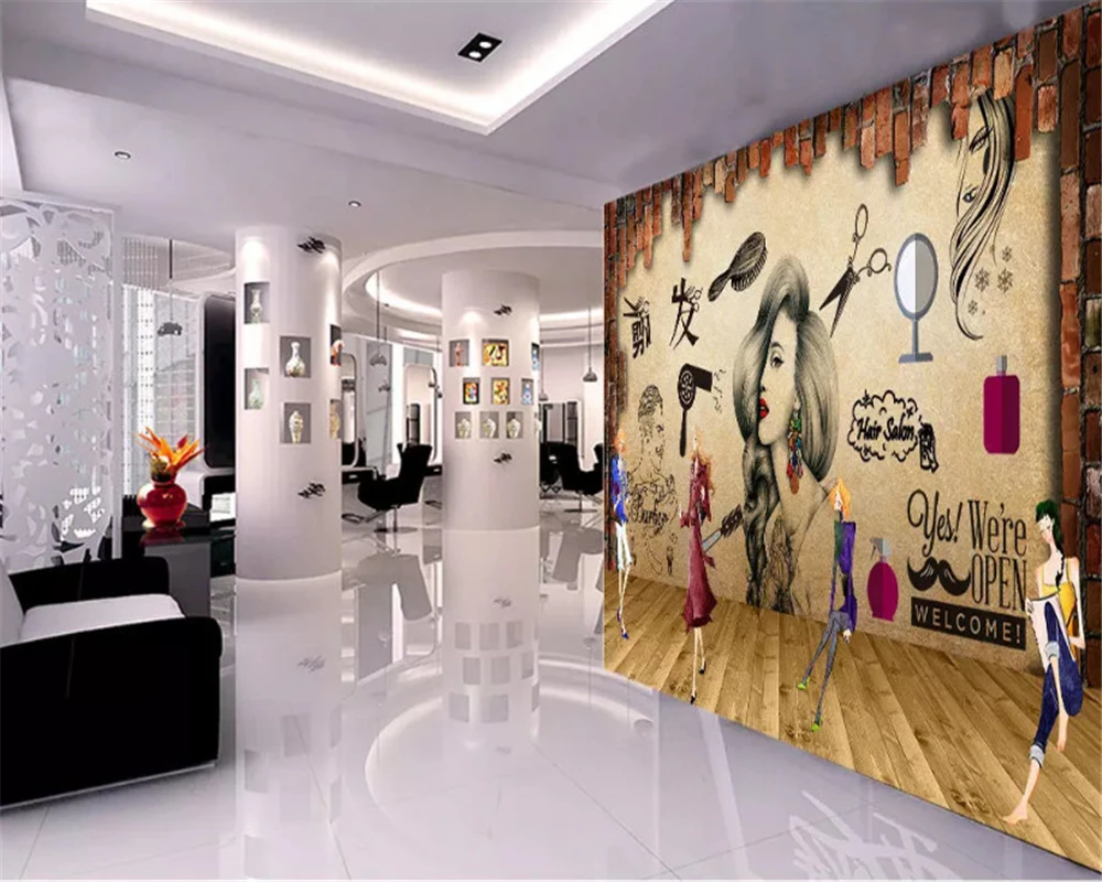 Custom 3D nostalgic retro brick wallpaper hairdressing barber shop make up mural Theme sofa background wall Modern 8d bedroom