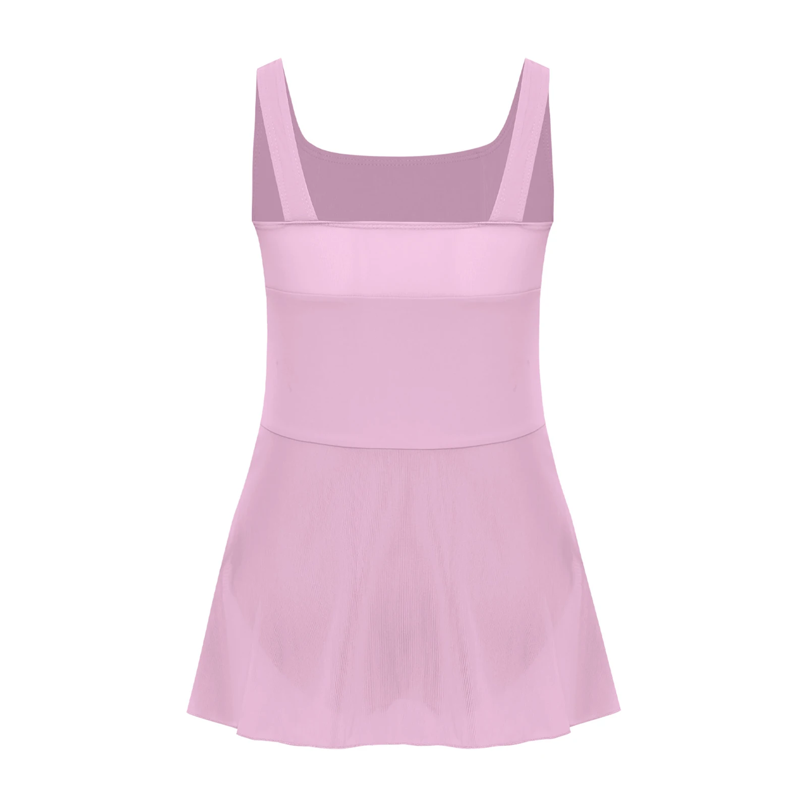 

Kids Girl Ballet Jersey Gymnastics Ice Skating Leotard Wide Shoulder Straps Sides Slit Sheer Mesh Hem Dress with Built-in Briefs