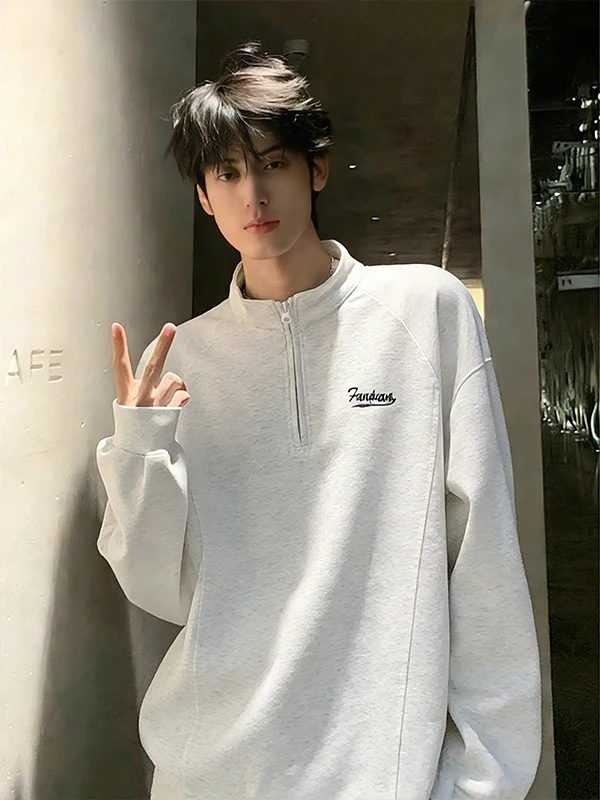 

a White Embroidered f Zip Men's Sweatirt Long Sve Stand Collar Jaet Comfortable Casual Sle Spring Faion