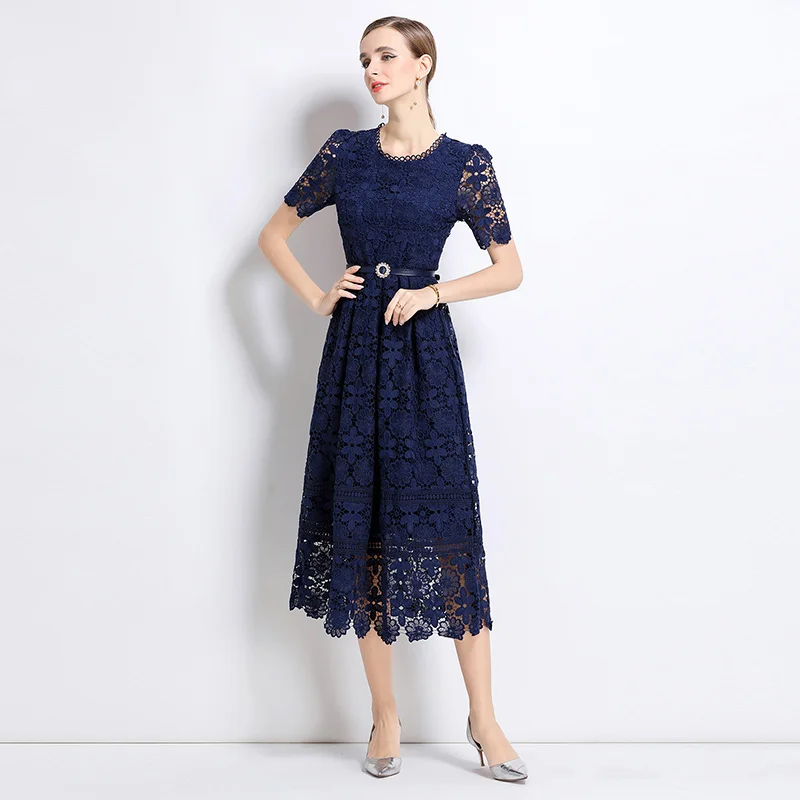 Vestido Retro francés de encaje Soluble en agua, elegante vestido elegante para mujer, vestido de manga corta con cuello redondo, vestidos informales versátiles para oficina