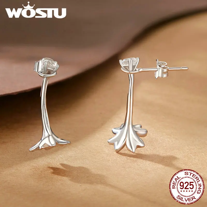 WOSTU 925 Sterling Silver Hollow Butterfly Leaf Stud Earrings For Women Unique Flower Drop Dangle Earring Wedding Party Gift