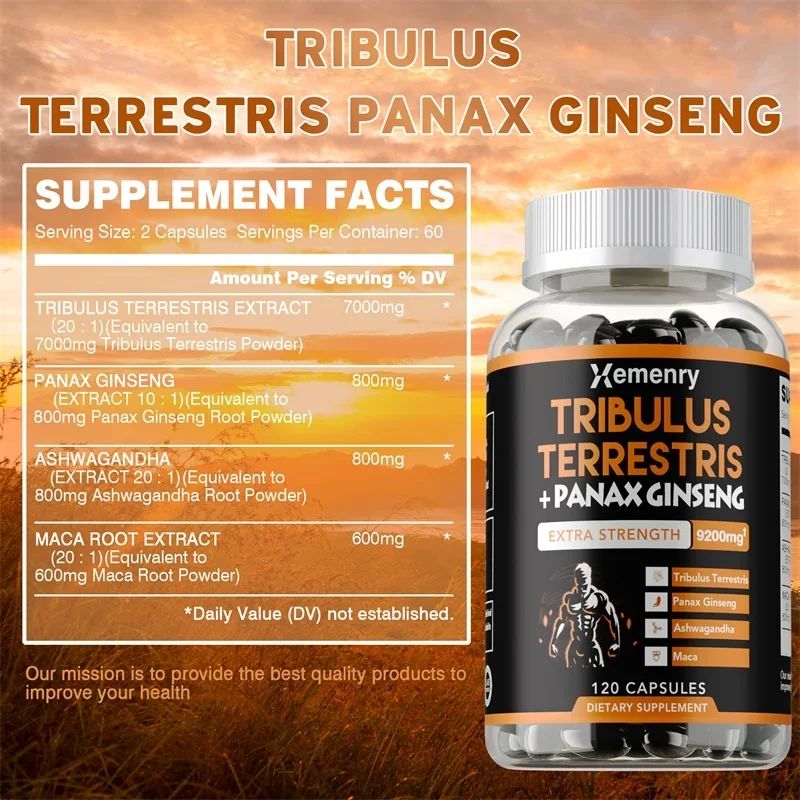 Tribulus + Ginseng Supplement - Regulates Mood, Hormone Balance, Energy Production,Improves Athletic Performance,Boosts Immunity